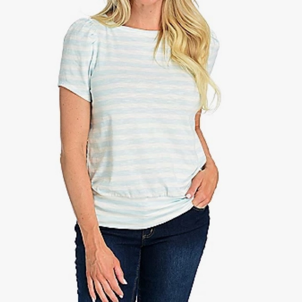 Women’s Christopher & Banks Light Blue &‎ White Striped Puff Sleeve Crew Tee